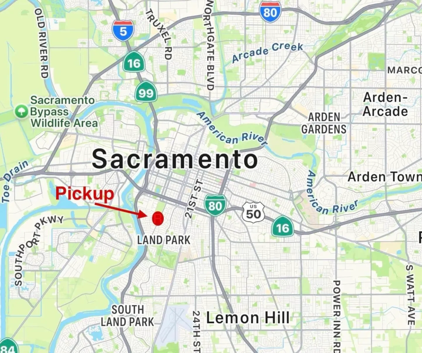 Sacramento map showing pickup location 