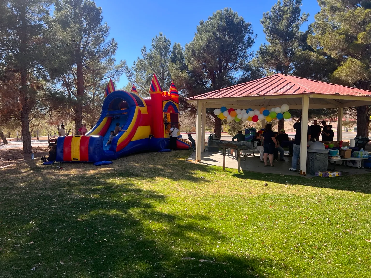 Children playing on an inflatable bounce house and slide next to a decorated pavilion during a birthday party