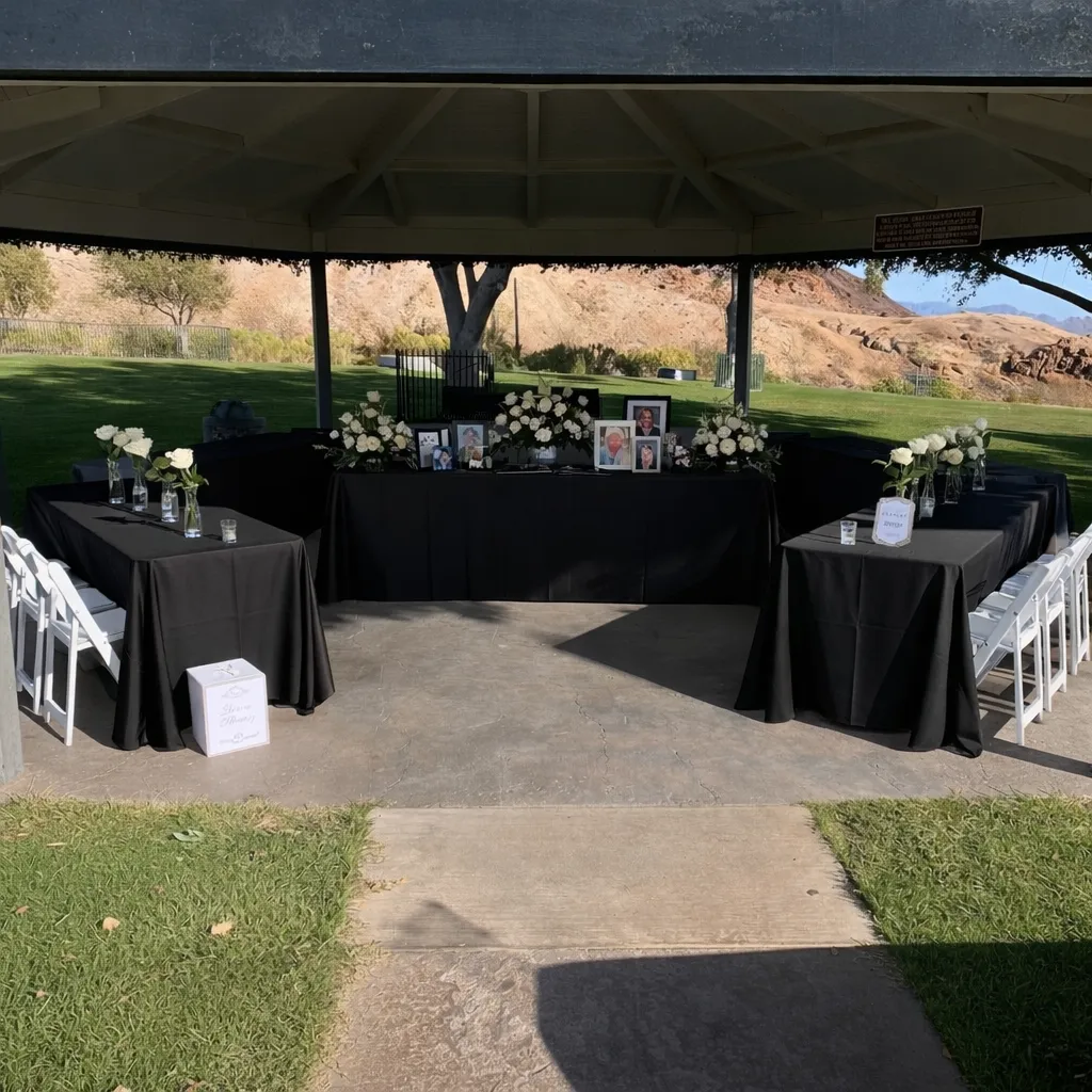 Memorial service table setup with black linens, framed photos, and floral arrangements under an outdoor pavilion