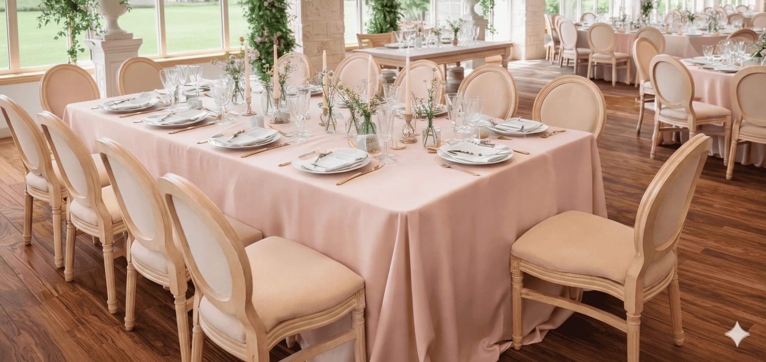Natural Louis chairs and blush satin tablecloth at Frederick wedding