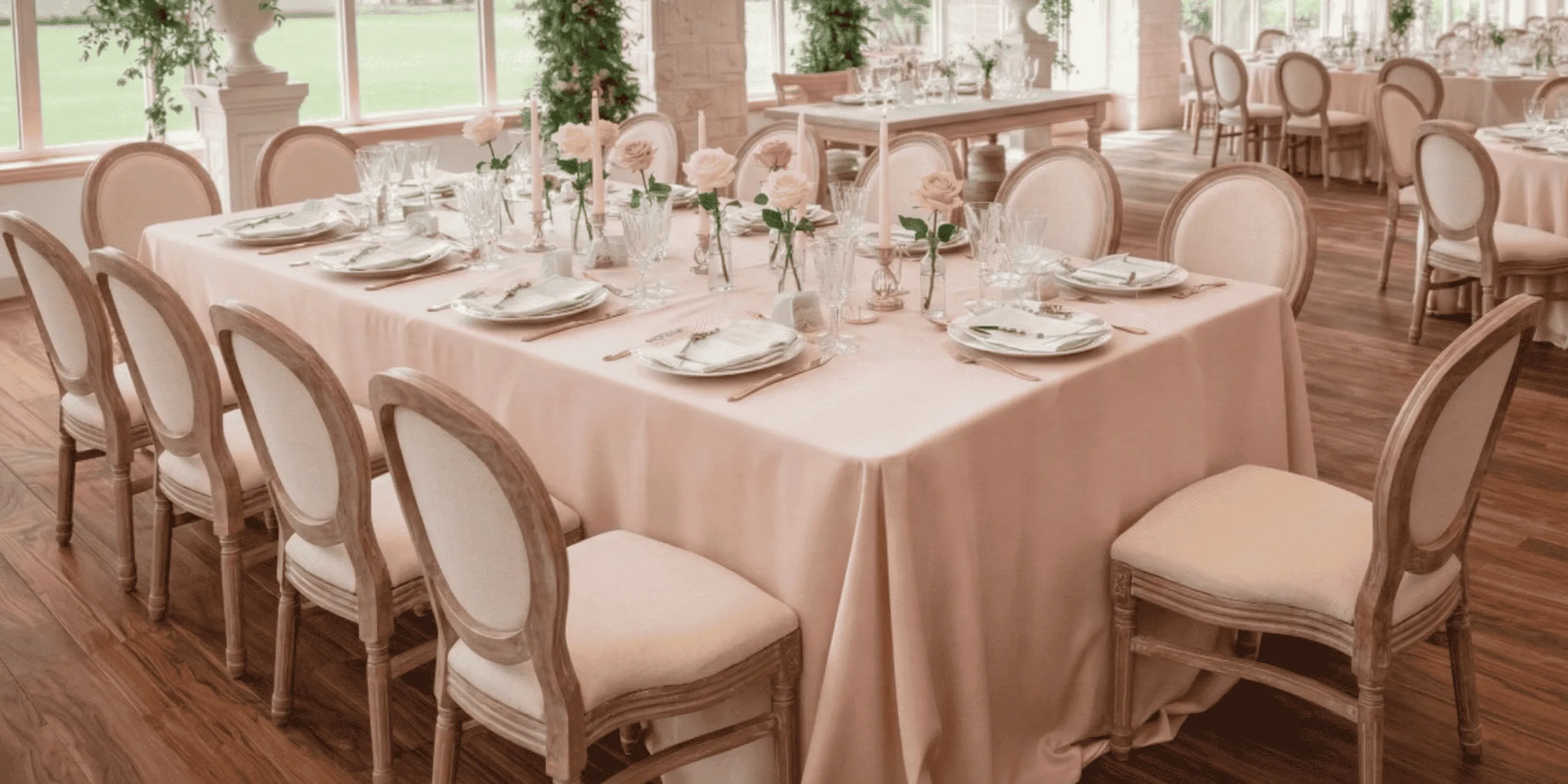 Natural Louis chairs and blush satin tablecloth at Frederick wedding in Maryland
