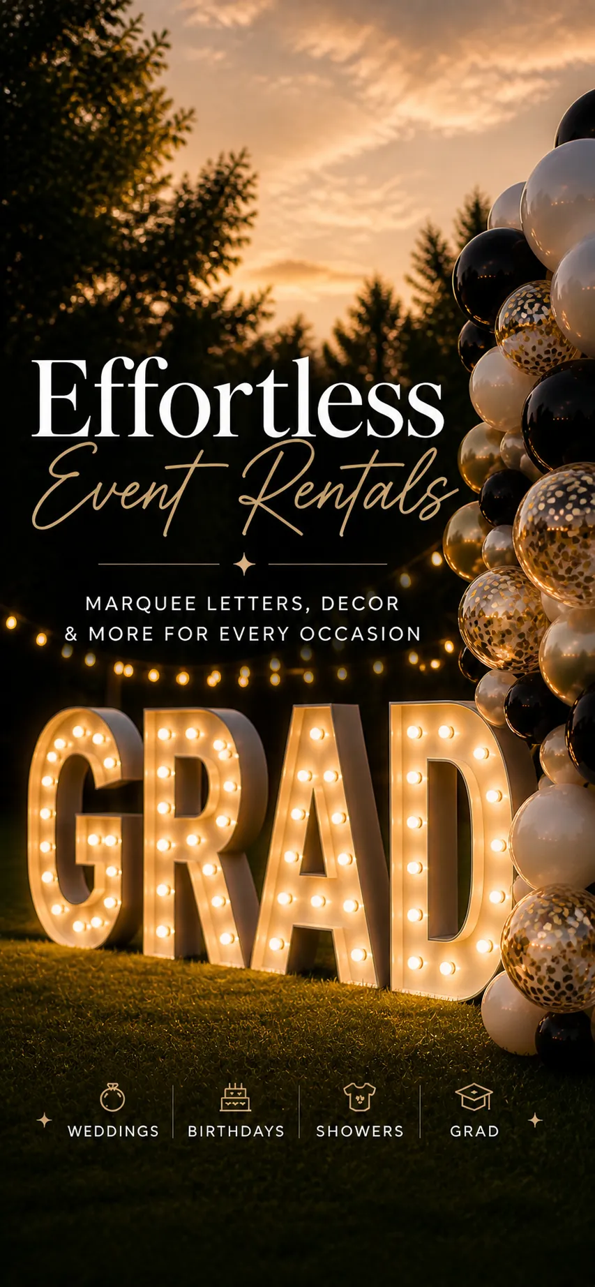 Prom 2026 marquee letters rental with balloon columns in black, white, and gold, outdoor event setup in Chicago.