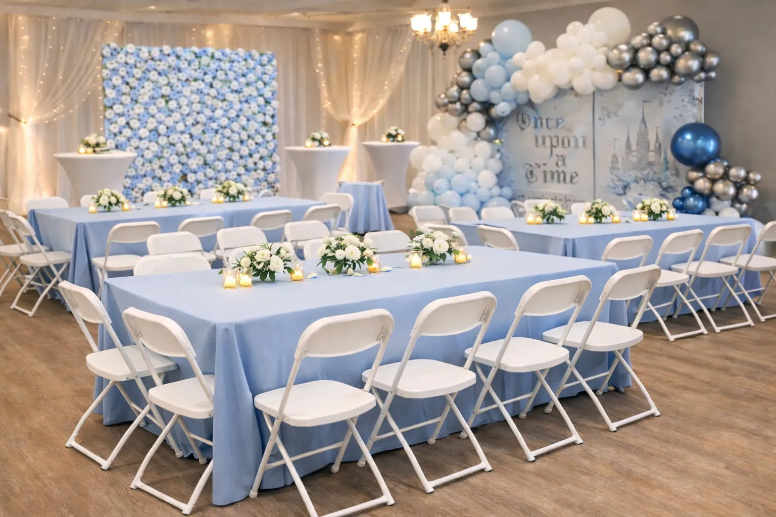 Party rentals in Blue Springs MO with tables, chairs, balloon decor and flower wall backdrop