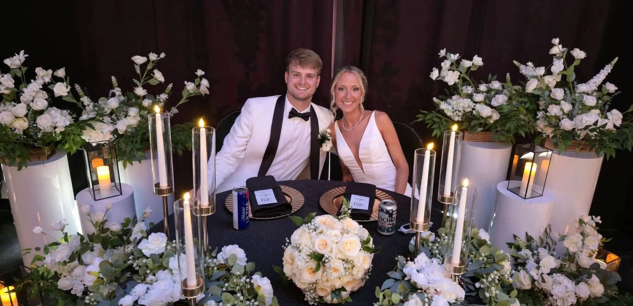 Client wedding setup featuring floral rentals from RDL Balloons &amp; Rentals
