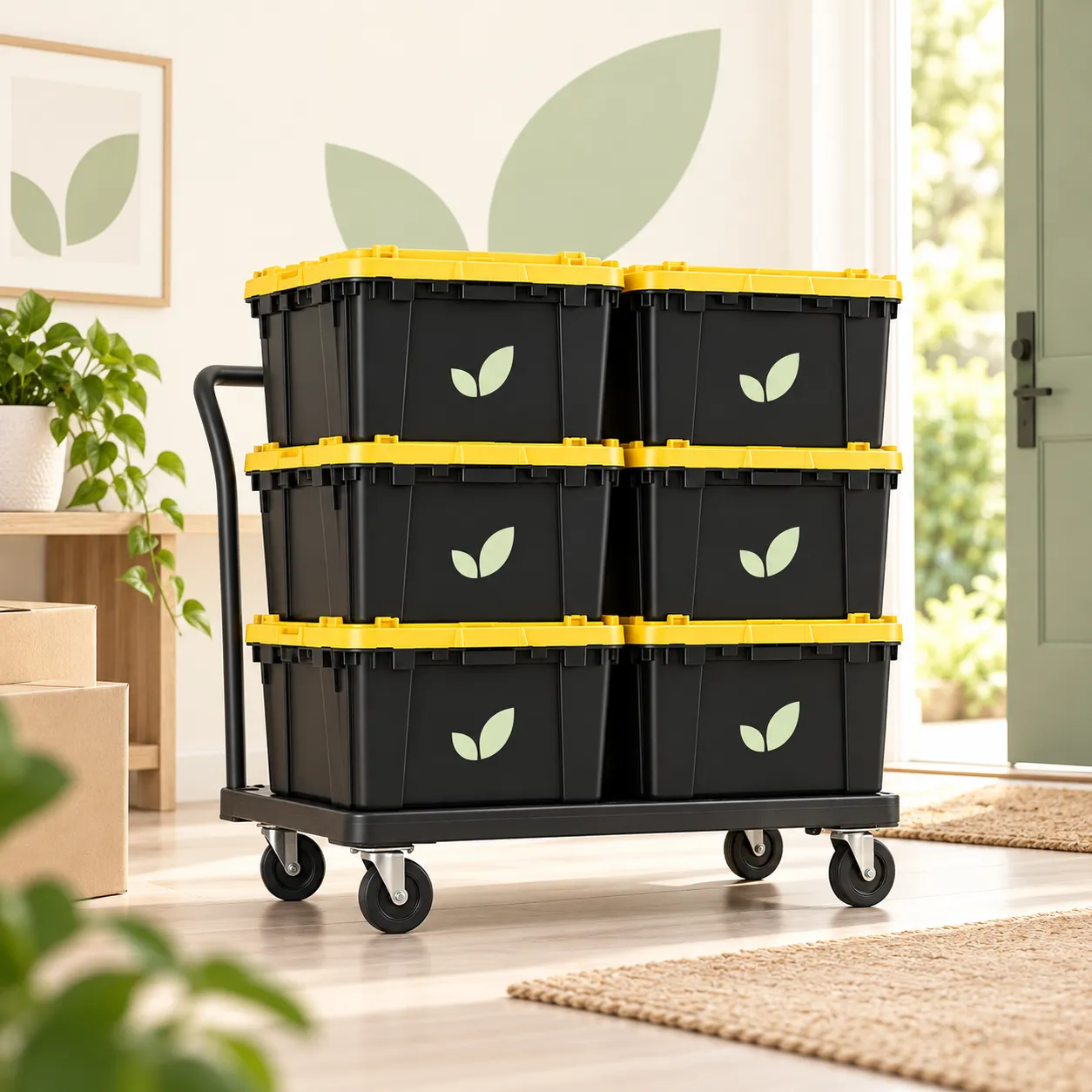 CrateKind moving bins stacked on a dolly inside a home