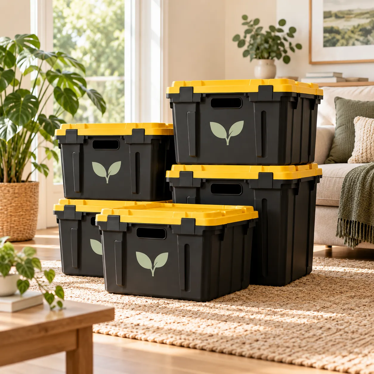 Black CrateKind reusable moving bins with yellow lids stacked inside a bright living room.