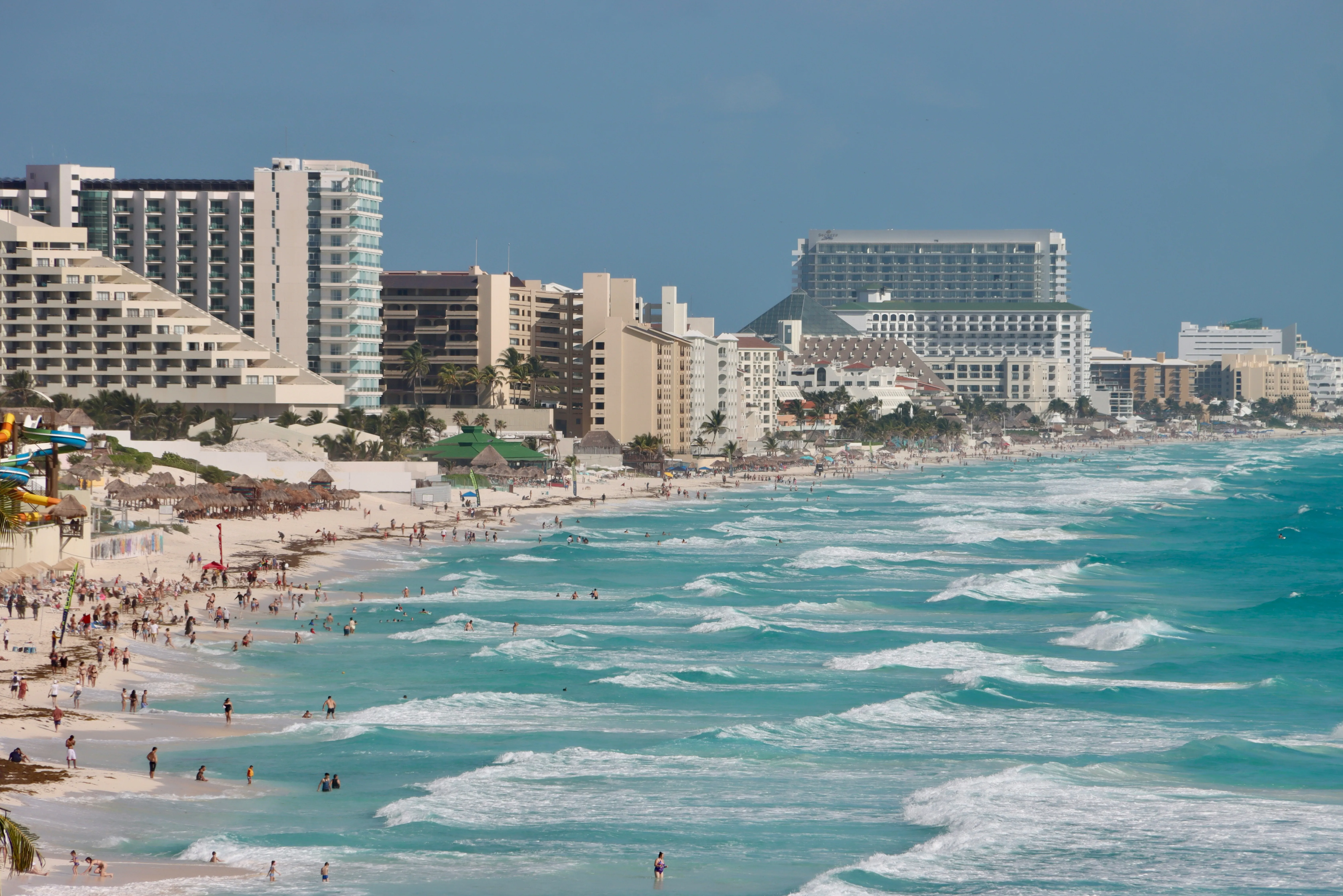 Playa Delfines with a far view to the end of Hotel Zone