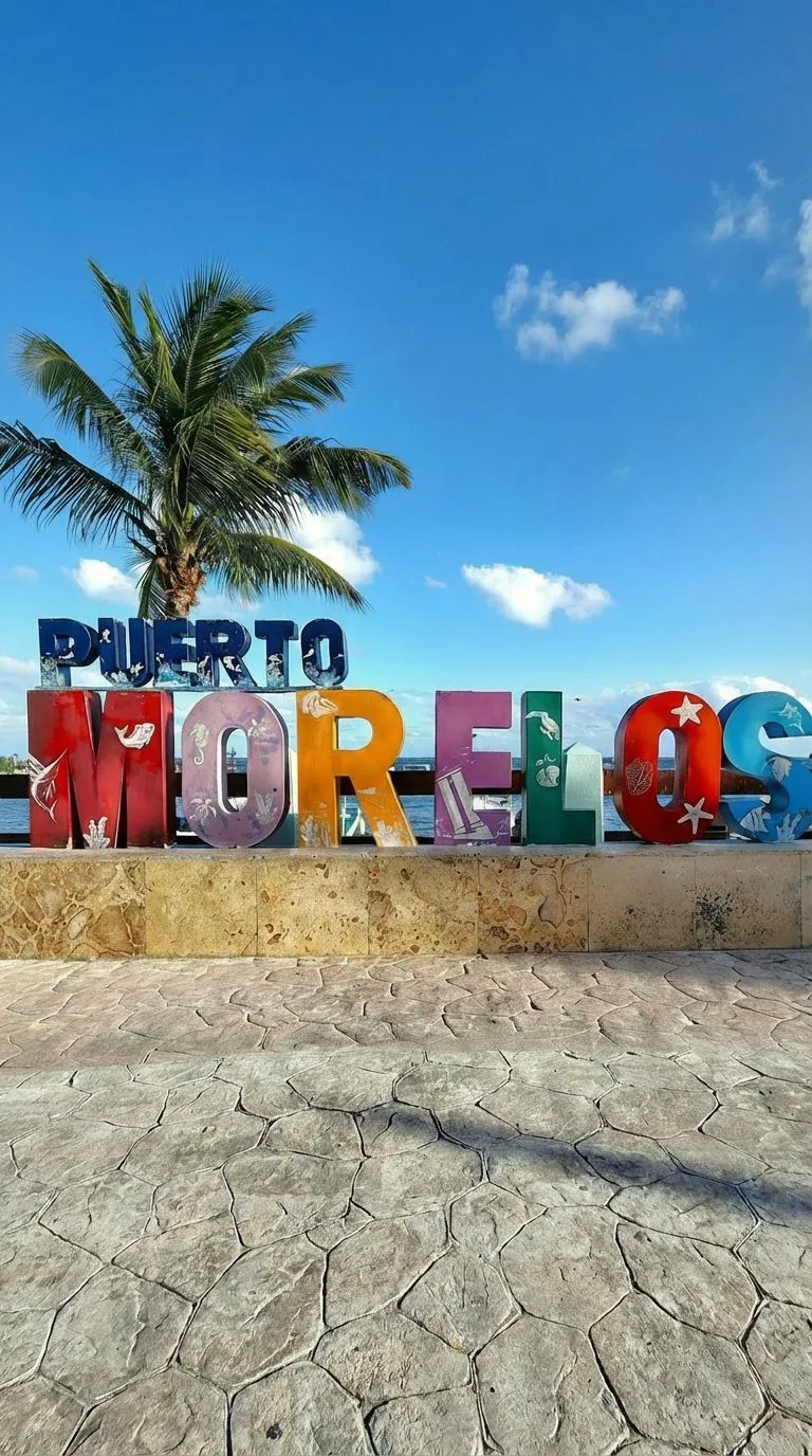 Letters "Puerto Morelos" in a seafront