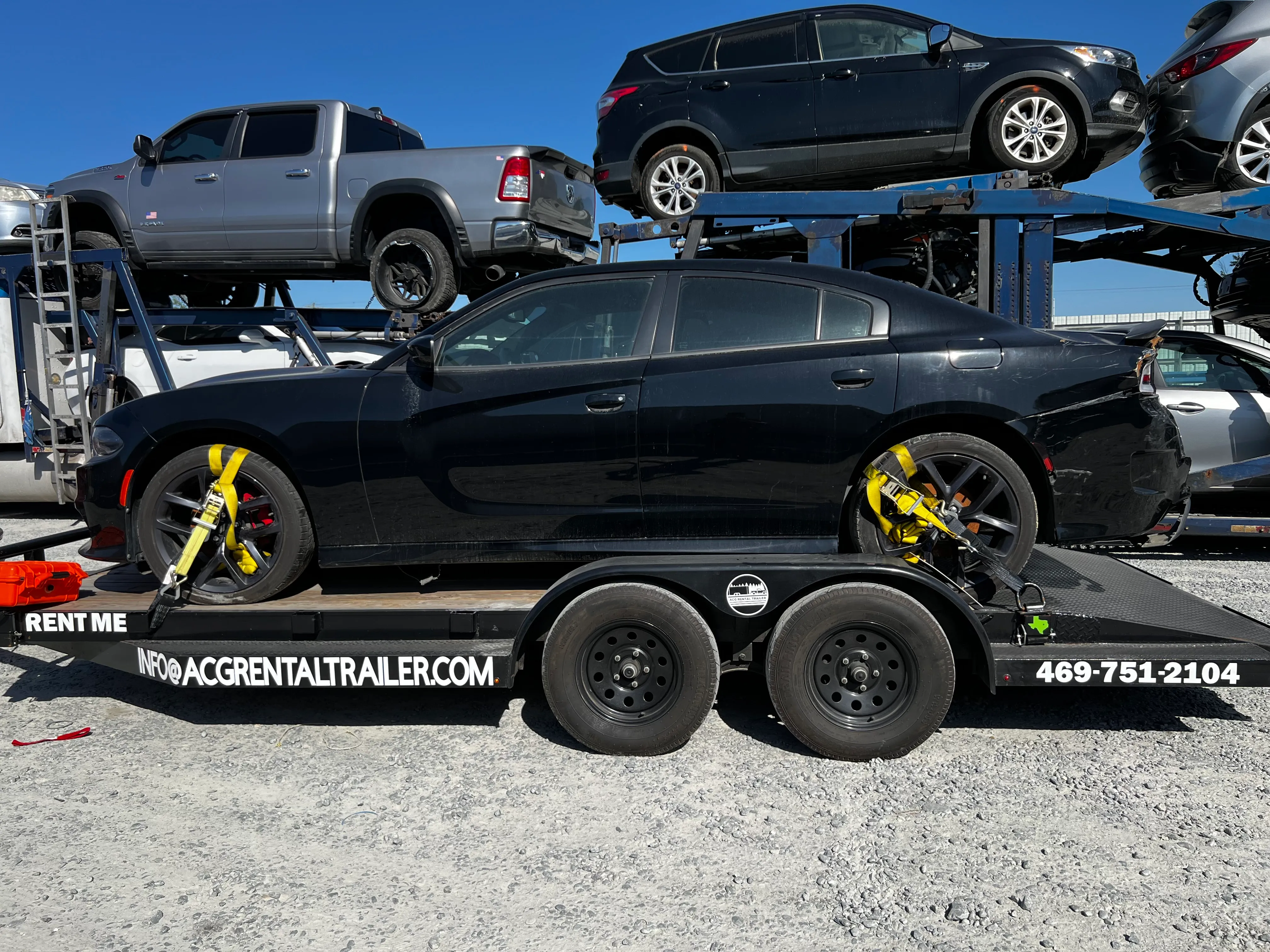 Dodge Charger secured on 18-foot car hauler from ACG Rental Trailer