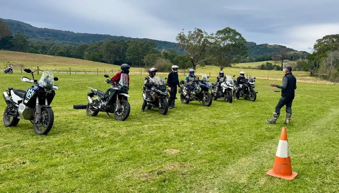 Riders on BMW, Husqvarna and Triumph adventure bikes at a Foxwood ADV coaching day