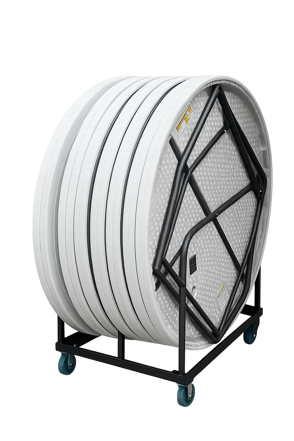 10 6ft round tables on a dolly