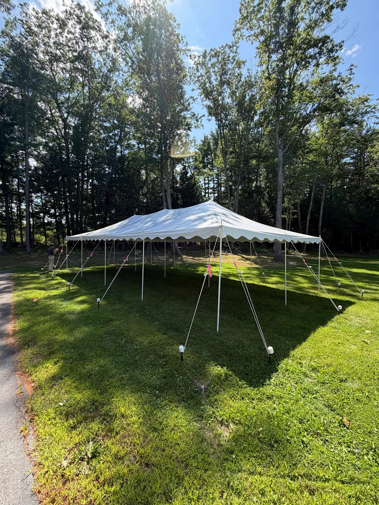 20x40 pole tent with pink bows tied on for breast cancer awareness