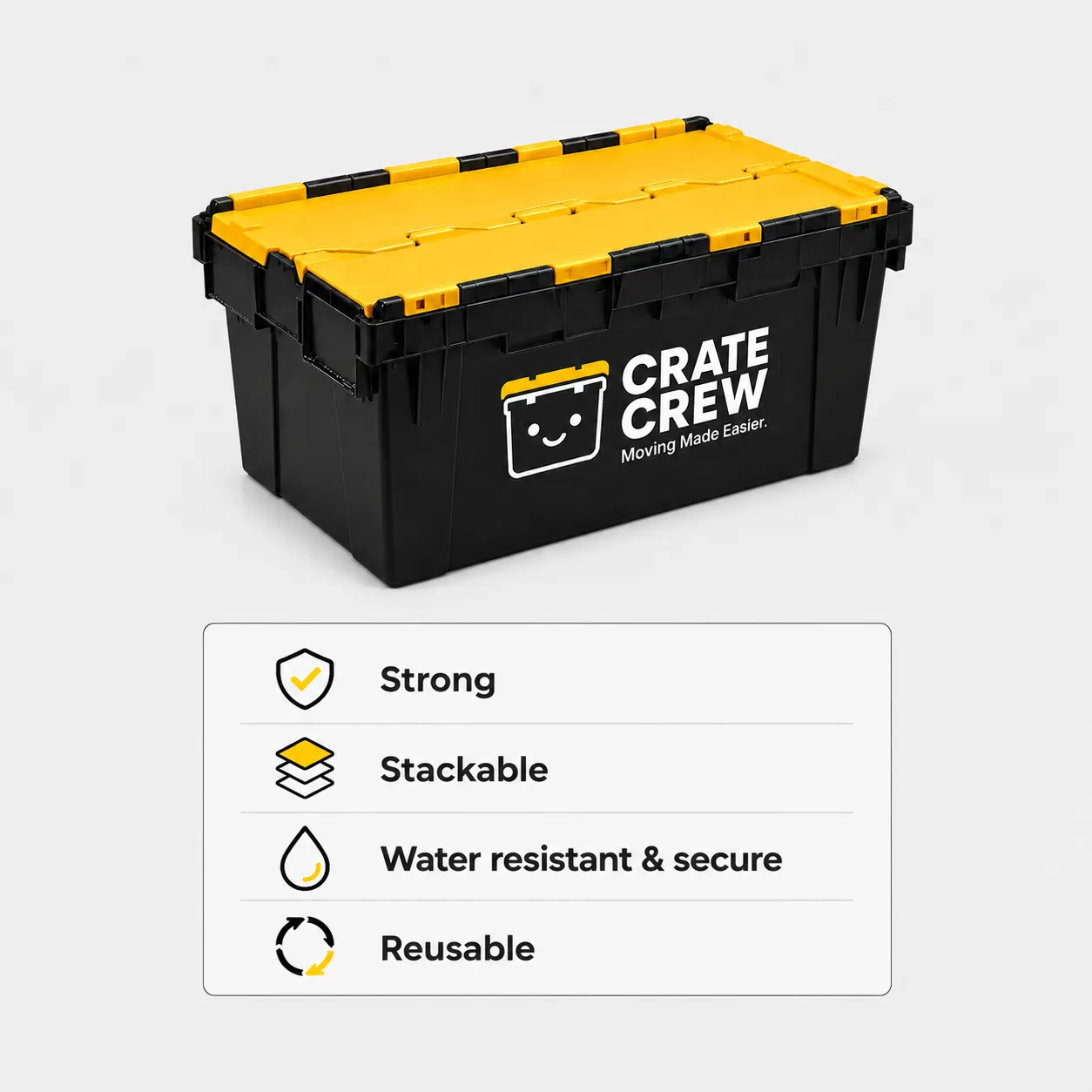 Black and yellow 64L Crate Crew reusable moving crate, strong, stackable, water resistant and secure