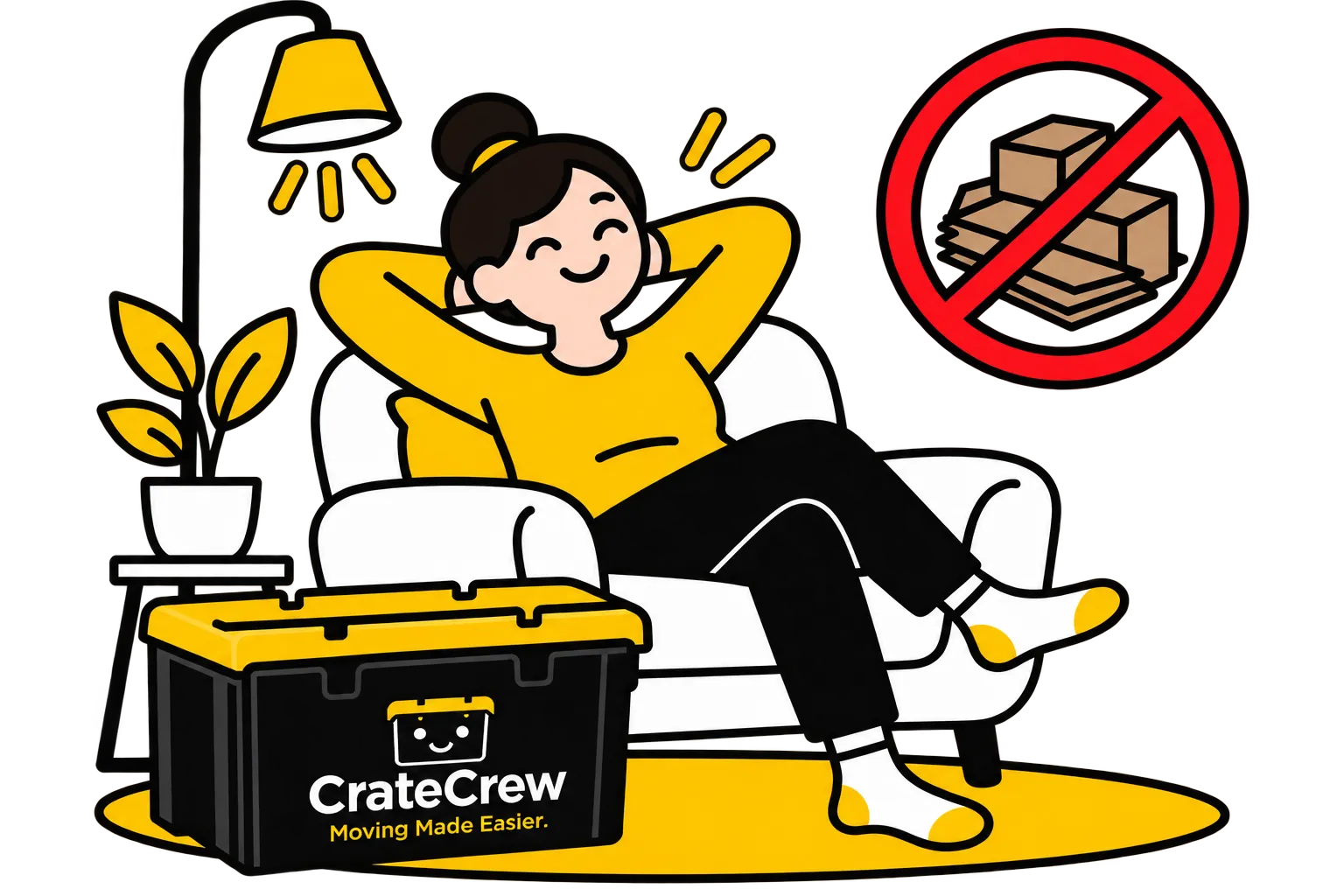 Woman relaxing beside reusable Crate Crew moving crates as and alternative to cardboard moving boxes.