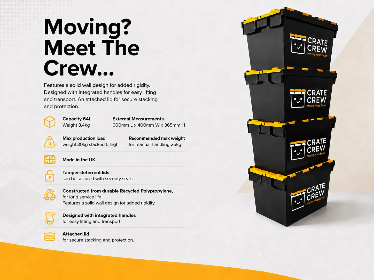 Crate Crew 64L reusable plastic moving crate with attached lid, handles, security seals and stackable design.