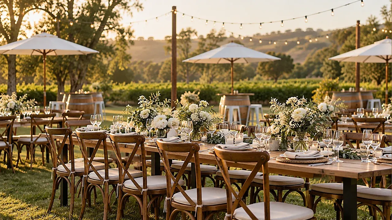 Outdoor event dining setup with tables and chairs in Geelong