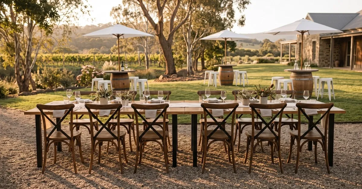 Swans Lane Event Hire furniture setup at a regional Victorian event