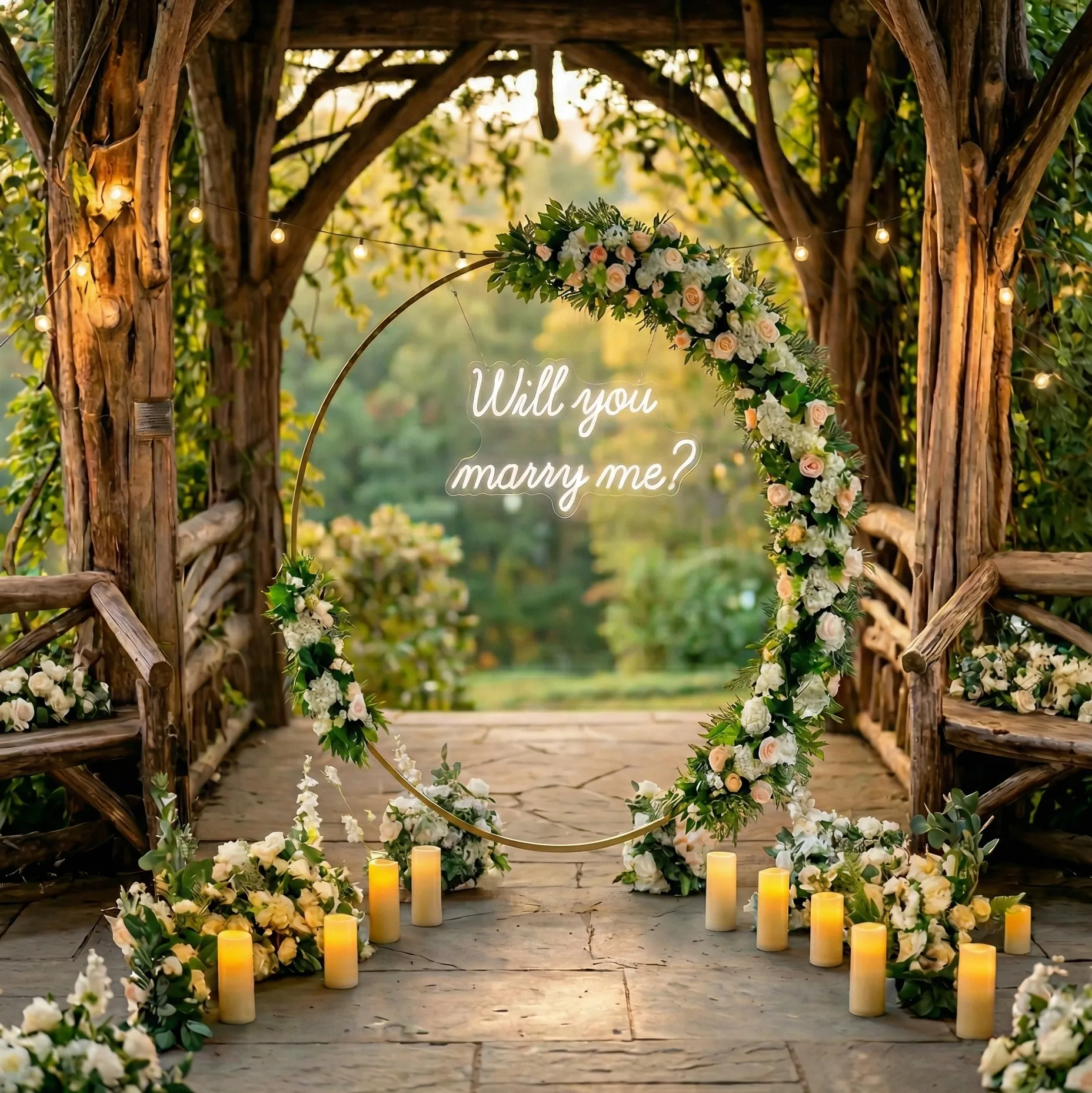 Montaje inspiracional con arco floral de seda, rótulo de neón 'Will You Marry Me?' y iluminación romántica para propuesta de matrimonio.