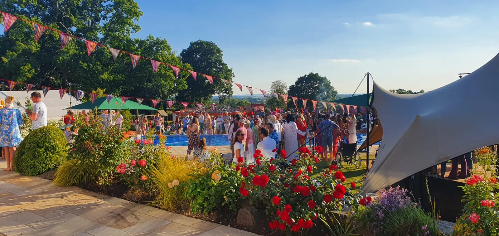 outdoor party scene by the pool