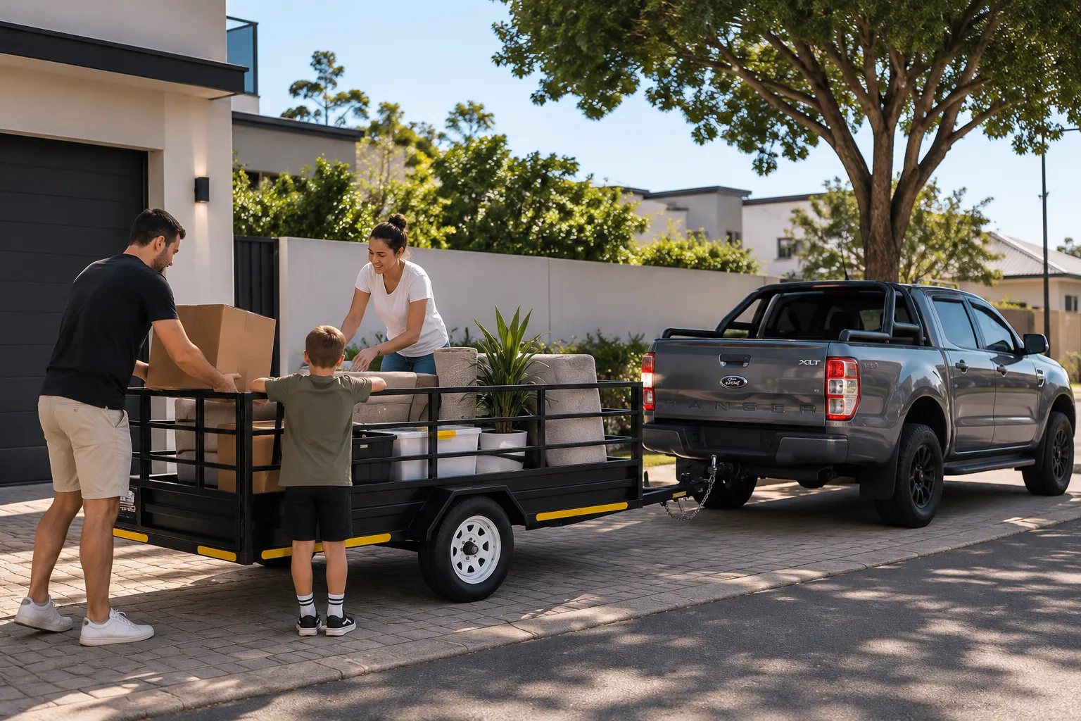 Family loading a utility trailer while moving house in the Helderberg.