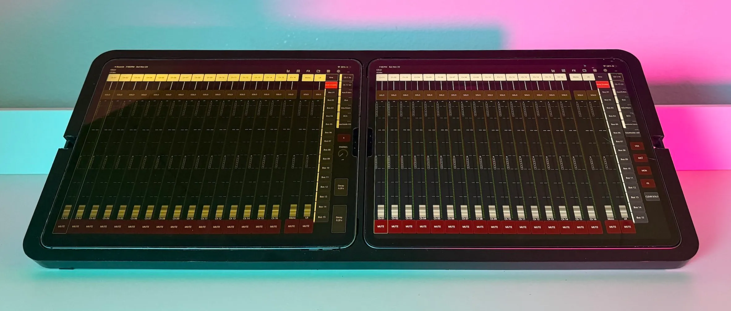 Custom-designed audio and video equipment arranged in a clean, professional production setup.