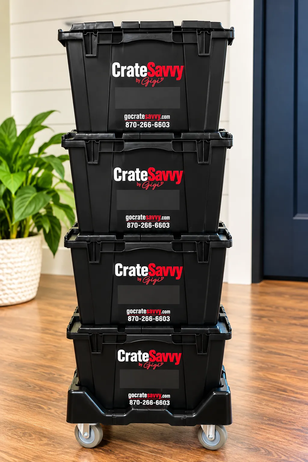 Our heavy-duty moving crates measure 27" long × 17" wide × 12" high, providing plenty of room for your belongings while remaining practical to pack, carry, and stack. Each crate features an attached lid, molded handles, reinforced corners, and a secure stacking design. Stack up to five loaded crates on our heavy-duty dollies and roll your belongings from room to room with less lifting and hassle.