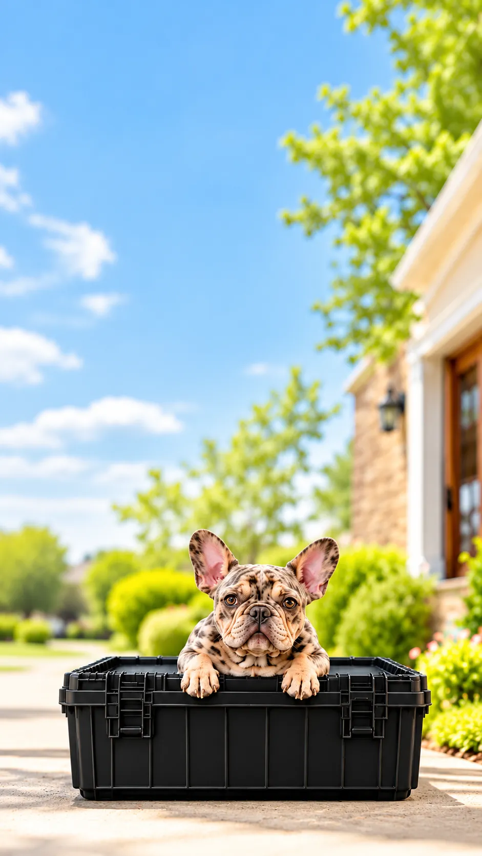 CrateSavvy by Gigi banner featuring Fiona the French bulldog on a black reusable crate (tote, plastic box), with delivery to your door in Northeast Arkansas (Jonesboro, Paragould, Brookland, Bono, Bay, Lake City)