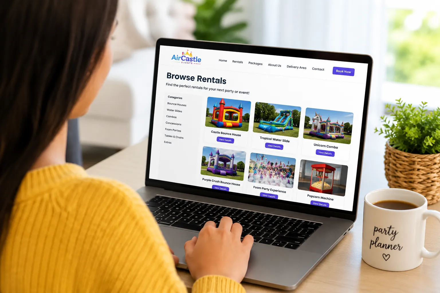 Customer browsing party rentals online on a laptop