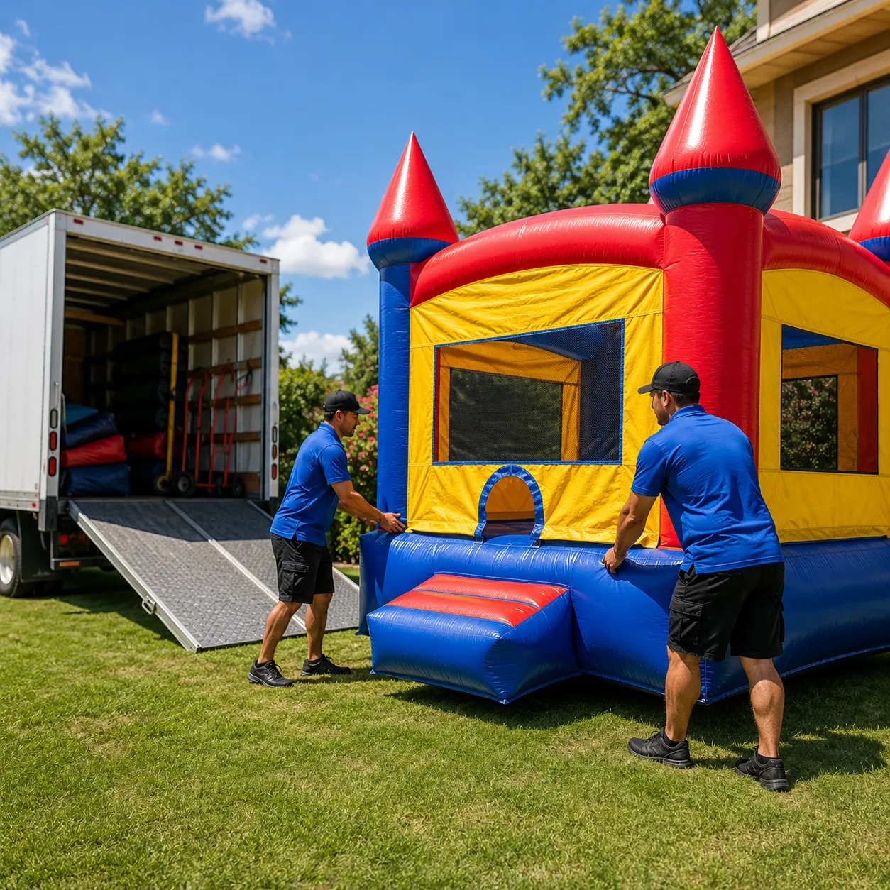 Bounce house delivery and setup at a backyard party