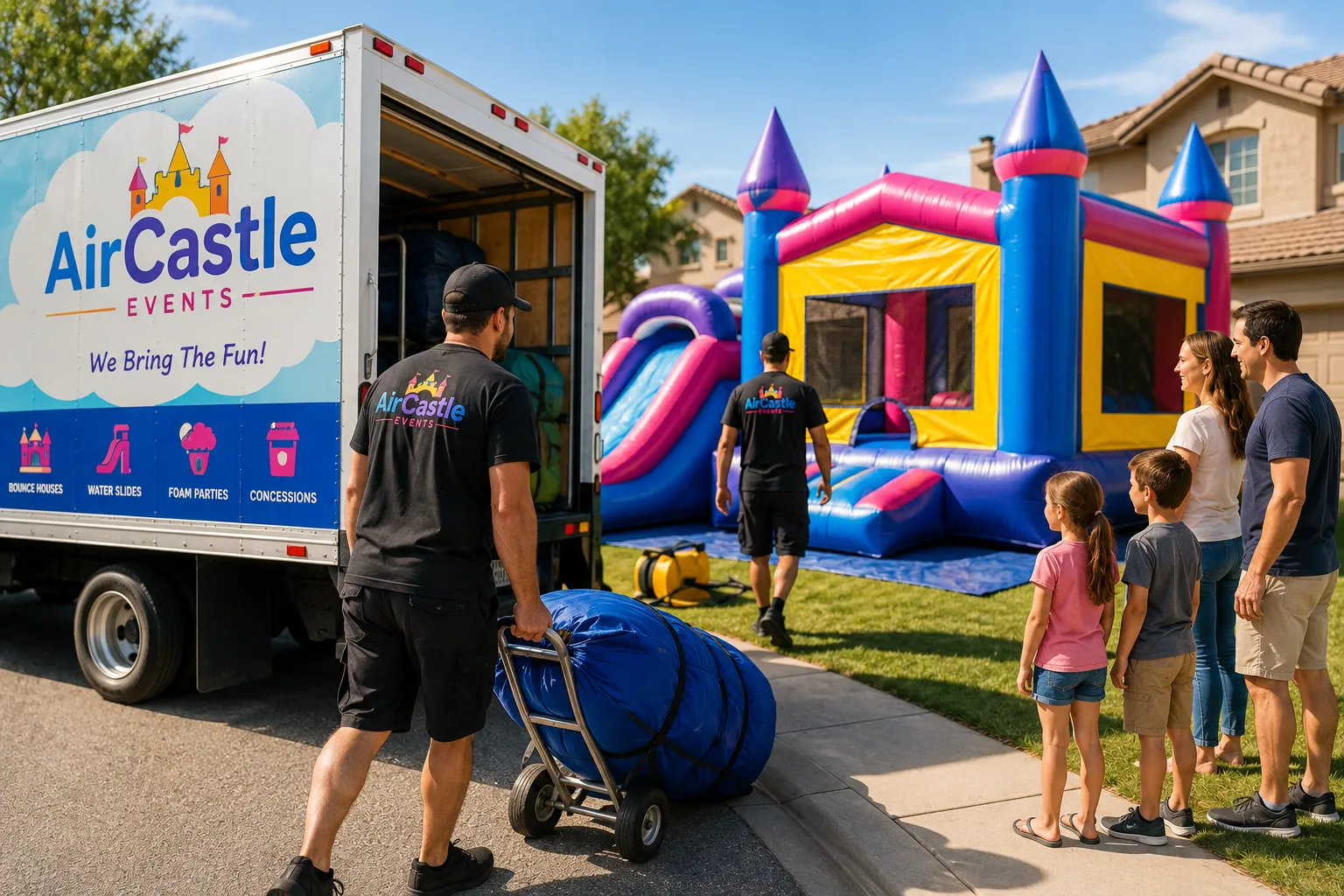 Aircastle Events team delivering and setting up inflatables for a family party