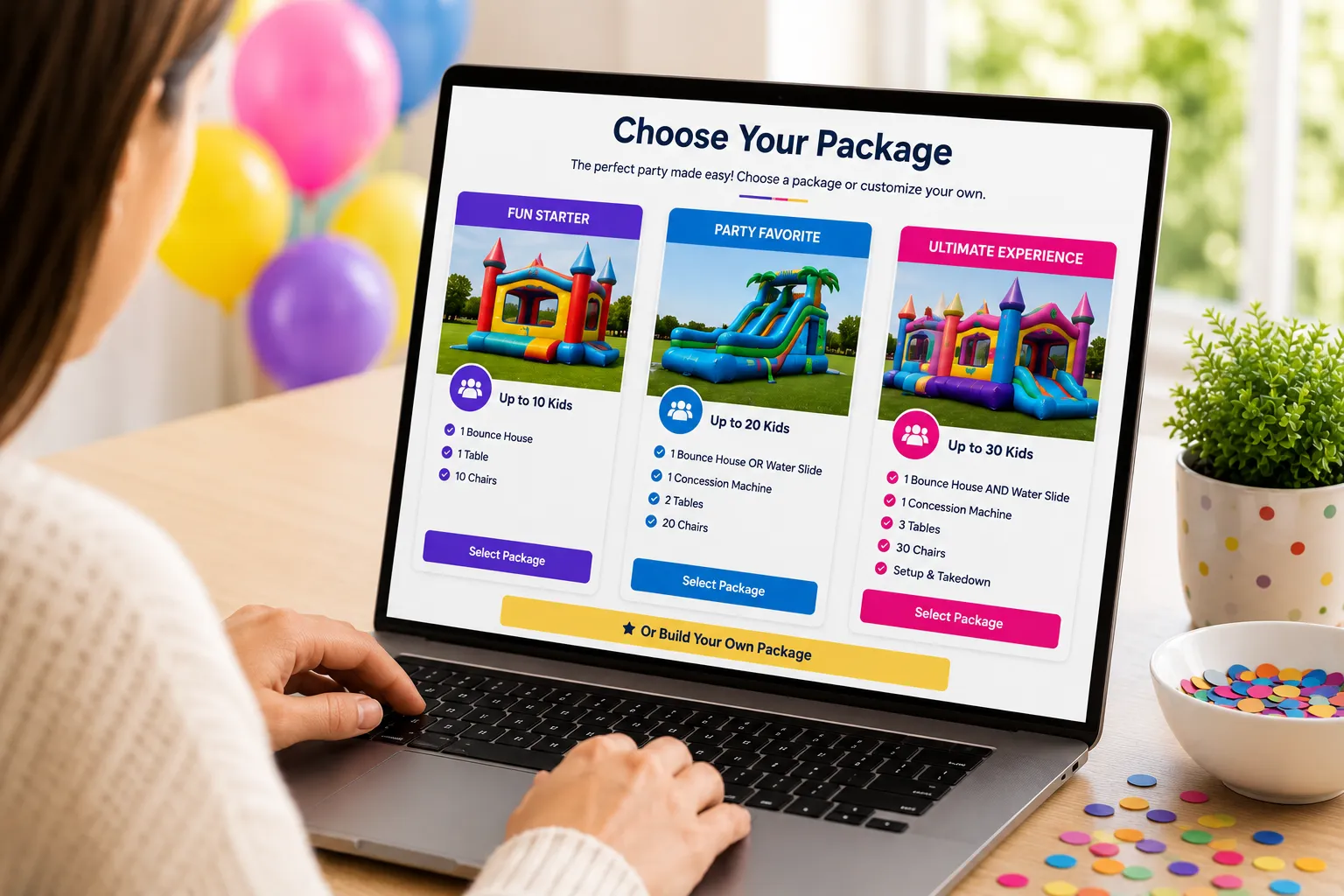 Customer comparing inflatable party rental packages online