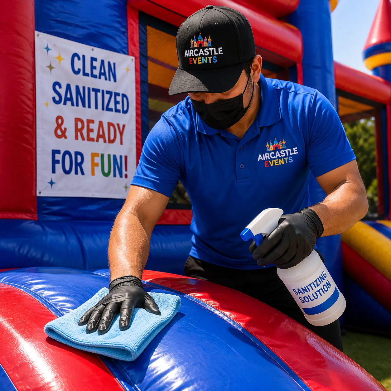 Worker sanitizing a bounce house before an event