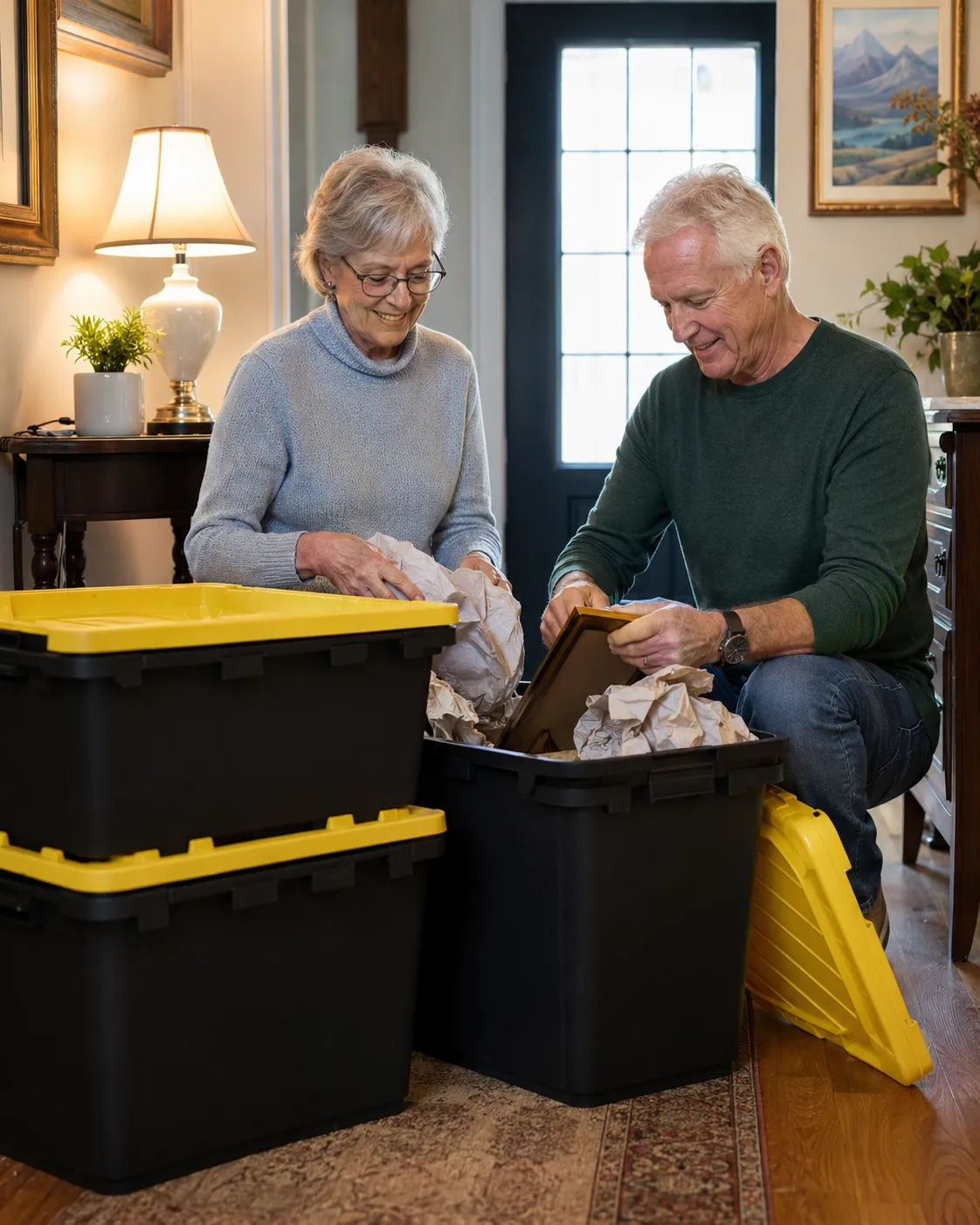 Couple Moving in Sioux Falls with plastic boxes