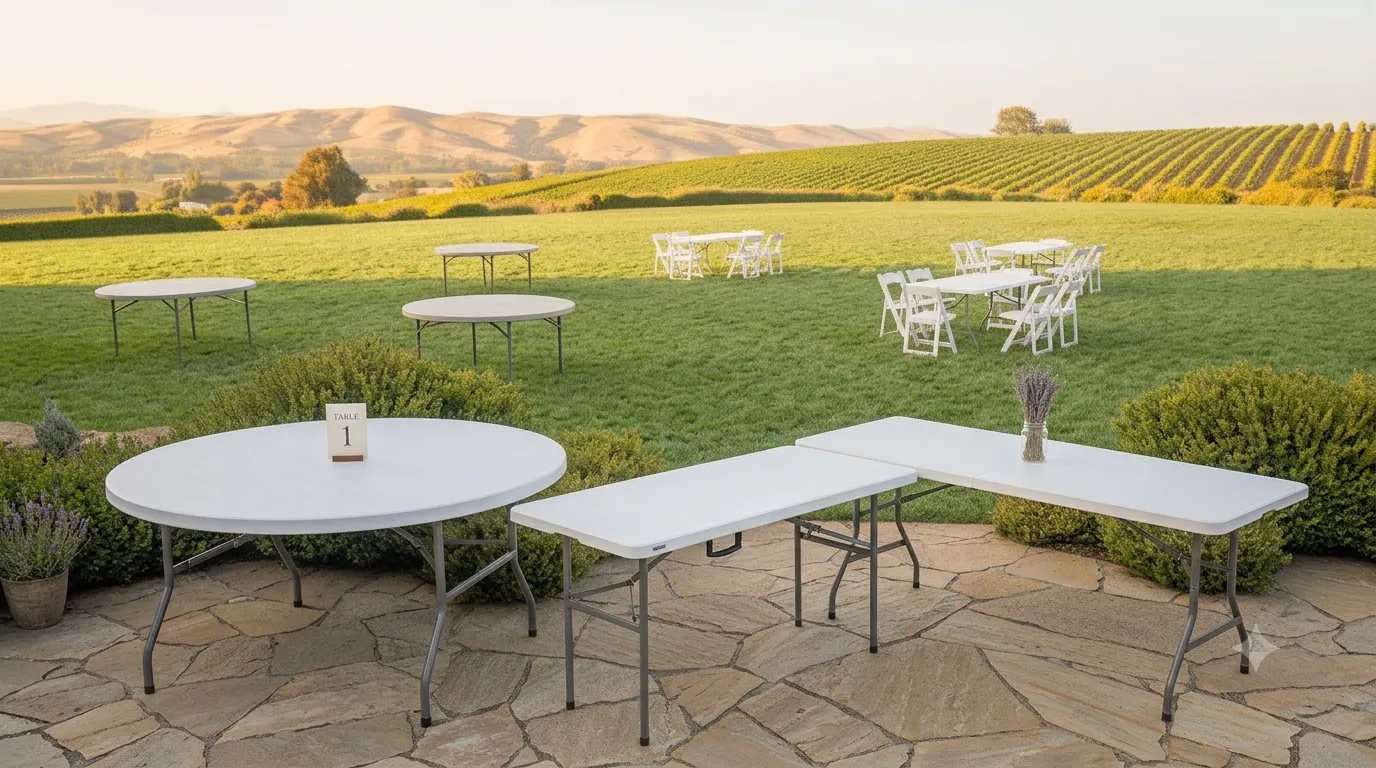 Heavy-duty rectangular folding tables, round banquet tables, and cocktail high-top tables for rent in Modesto, CA. Commercial-grade party table rentals and sturdy event furniture setups by Marti Event Rentals delivering throughout Turlock, Salida, Ripon, and the Central Valley.