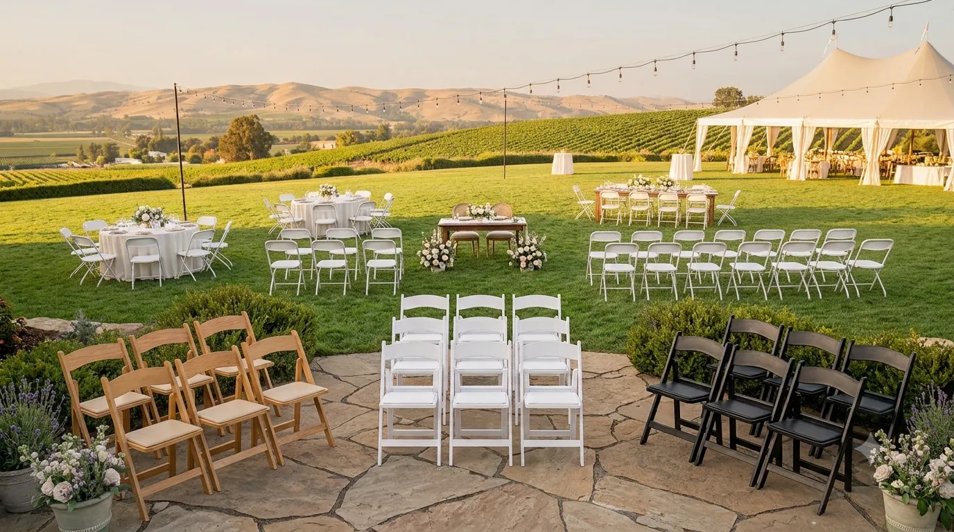 Premium white resin folding chairs, padded garden chairs, and commercial-grade event seating for rent by Marti Event Rentals in Modesto, CA. Sturdy, heavy-duty party chairs perfectly sanitized for weddings, graduations, backyard parties, and local events across Turlock, Ceres, and the Central Valley.