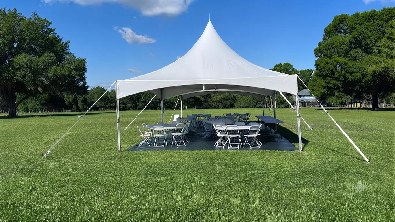 Premium 20x20 high peak marquee tent rental by Marti Event Rentals in Modesto, California. Full-service commercial party tent delivery, professional setup, and teardown services throughout the Central Valley service area.