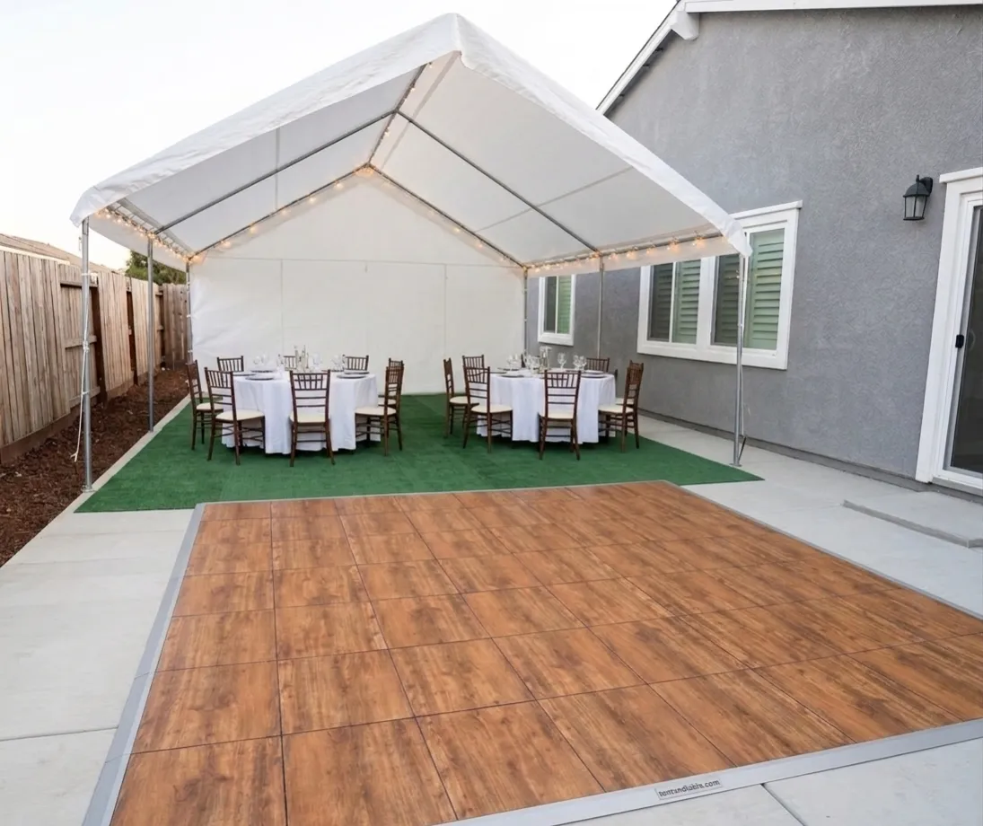 Professional indoor and outdoor wood panel dance floor rentals in Modesto, California. Modular, level dance floor installation and setup services for weddings, quinceañeras, receptions, and backyard parties by Marti Event Rentals throughout the Central Valley.