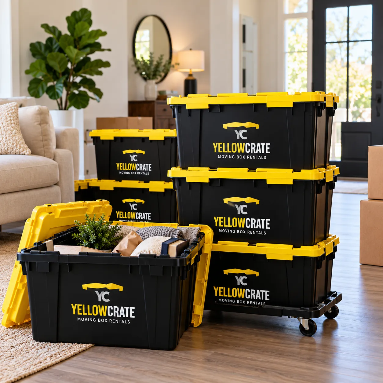 Reusable black plastic moving crates with yellow lids, available for rental and delivery in Queen Creek, Arizona, from YellowCrate.
