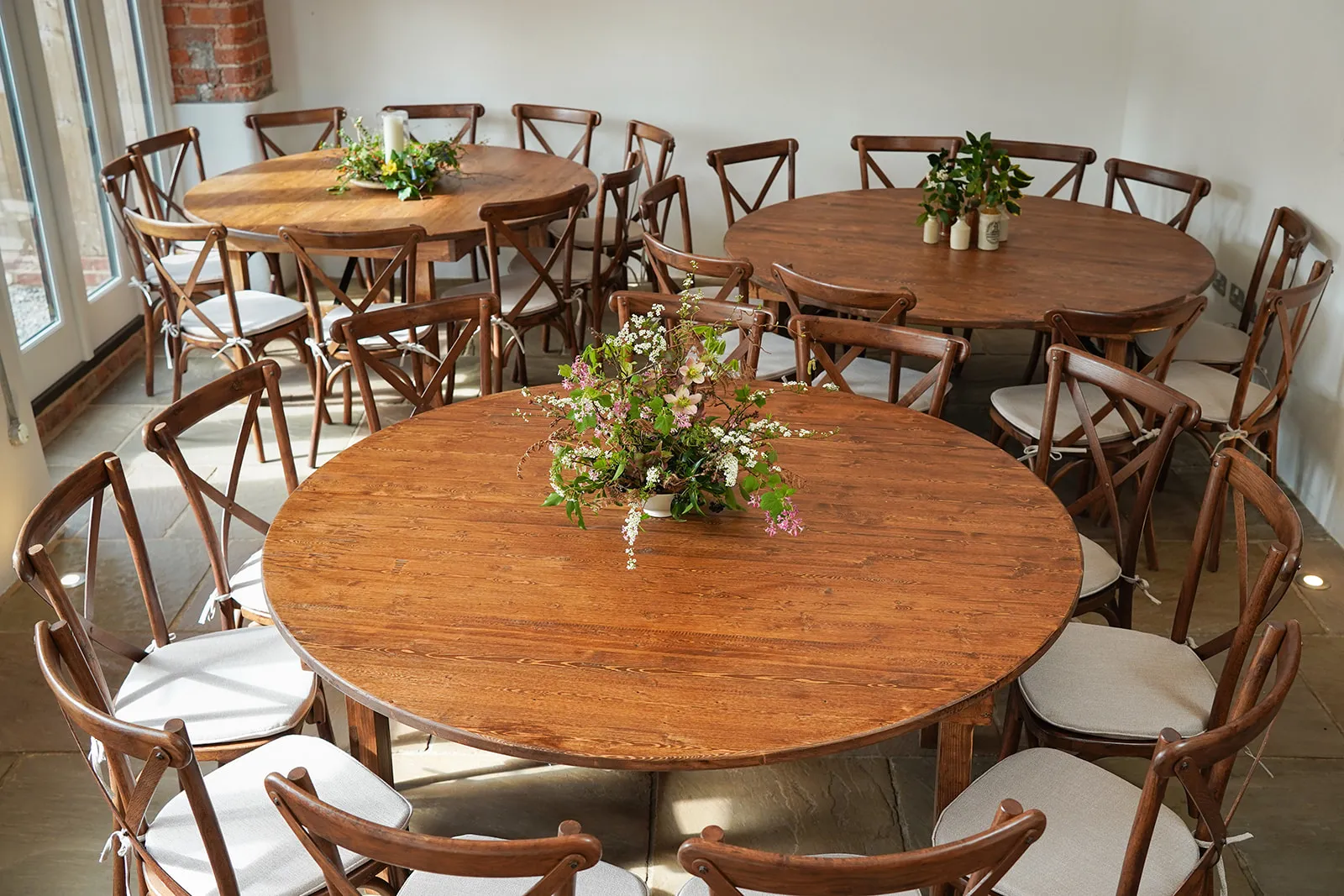 Rustic Round Tables and Oak Cross Back Chairs