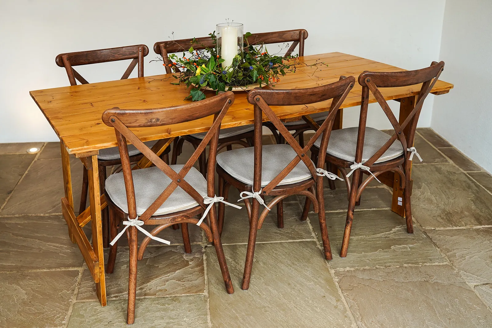 Rustic Trestle Table Hire Yorkshire with Cross Back Chairs