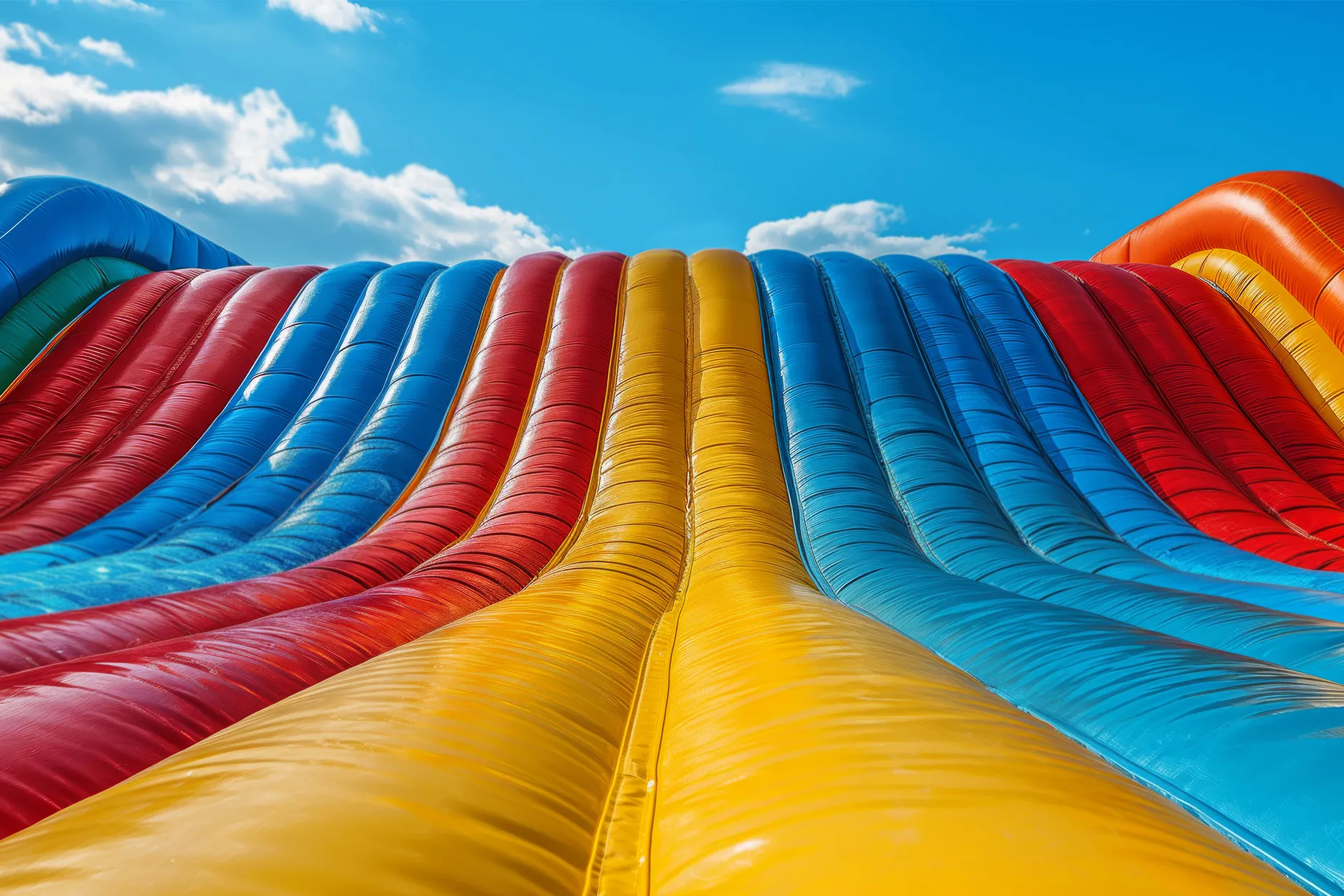Colorful inflatable water slide bounce house rental in Woodstock, GA under blue sky