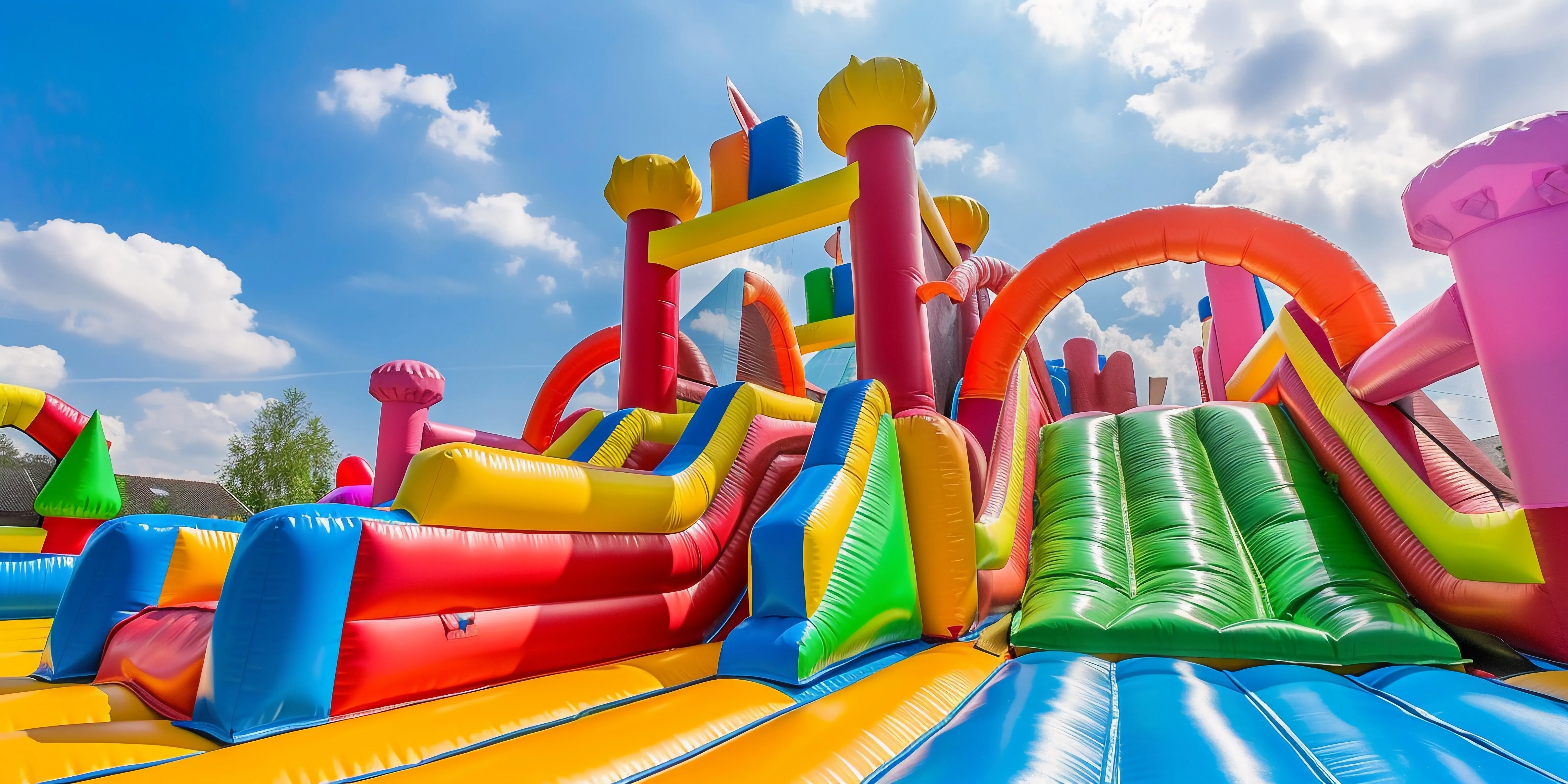 Colorful inflatable party rentals including bounce houses and slides for kids events