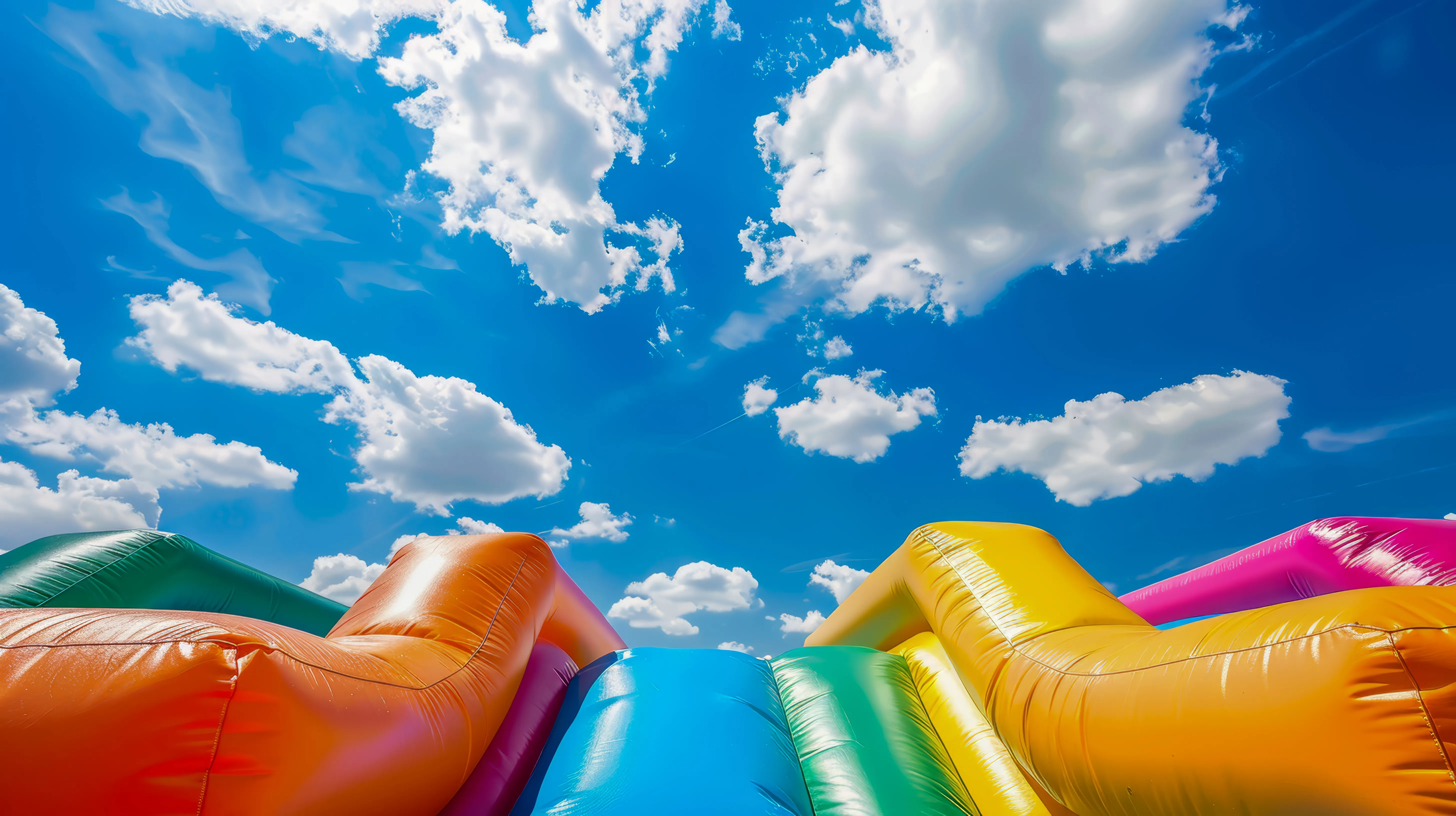 Colorful inflatable bounce house rentals under a bright blue sky in West Cobb County, GA