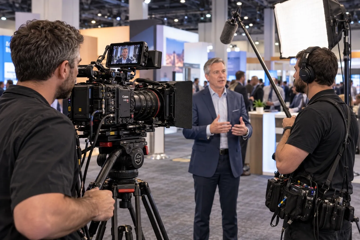 Professional cinema crew filming an executive interview on a Las Vegas convention floor