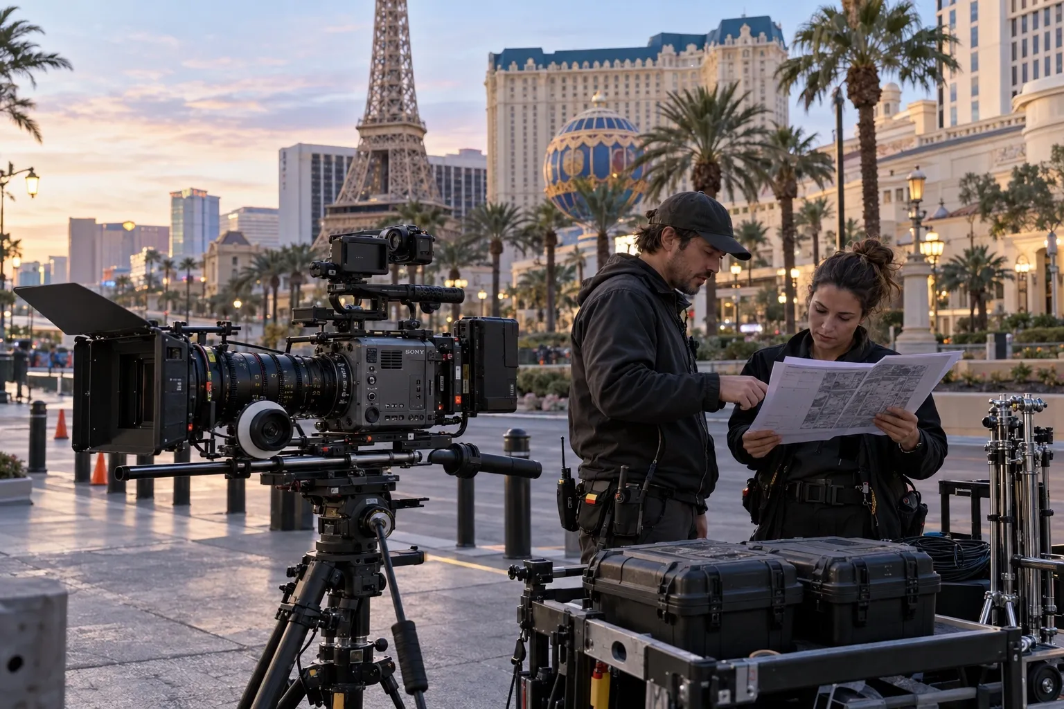 Production crew reviewing filming permits beside a professional cinema camera on the Las Vegas Strip