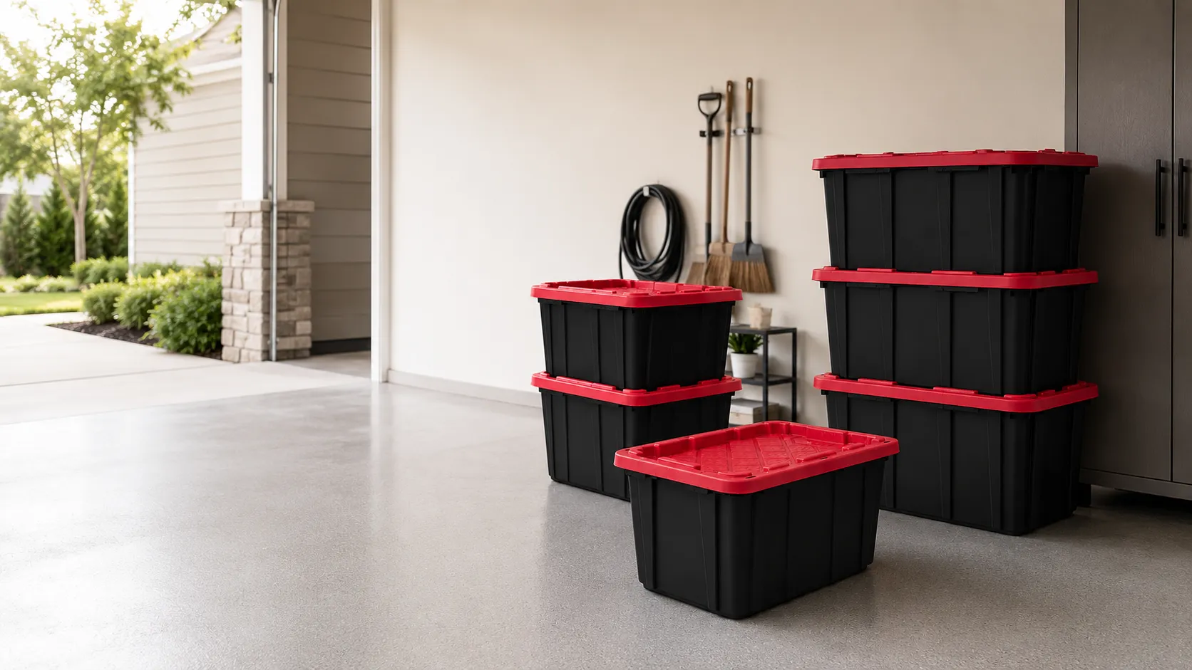 Reusable moving totes with red lids for rent