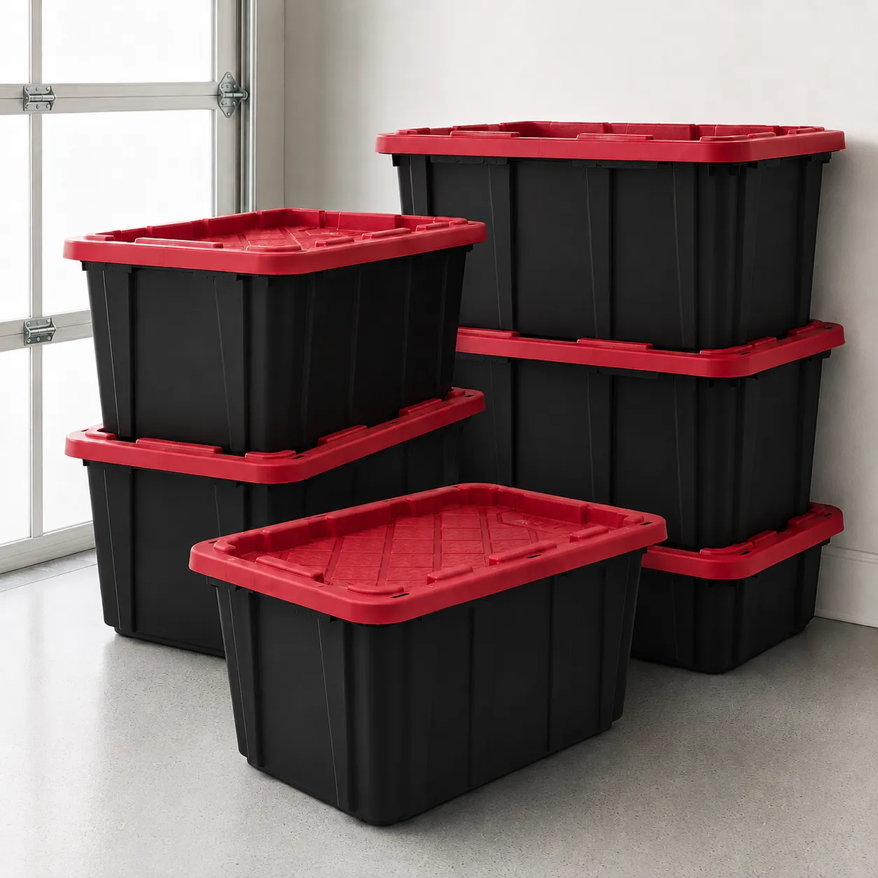 Stacked reusable moving totes in a garage