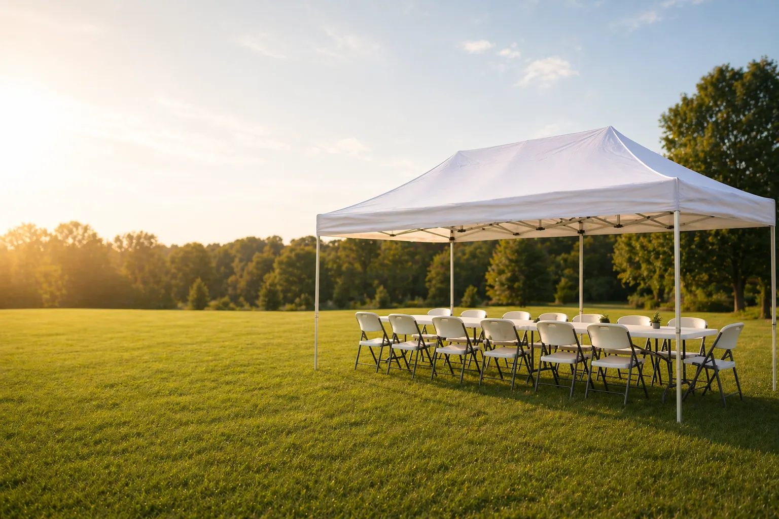 10x20 pop up canopy tent with tables and chairs set up in backyard, rental setup in Rhea County Tennessee