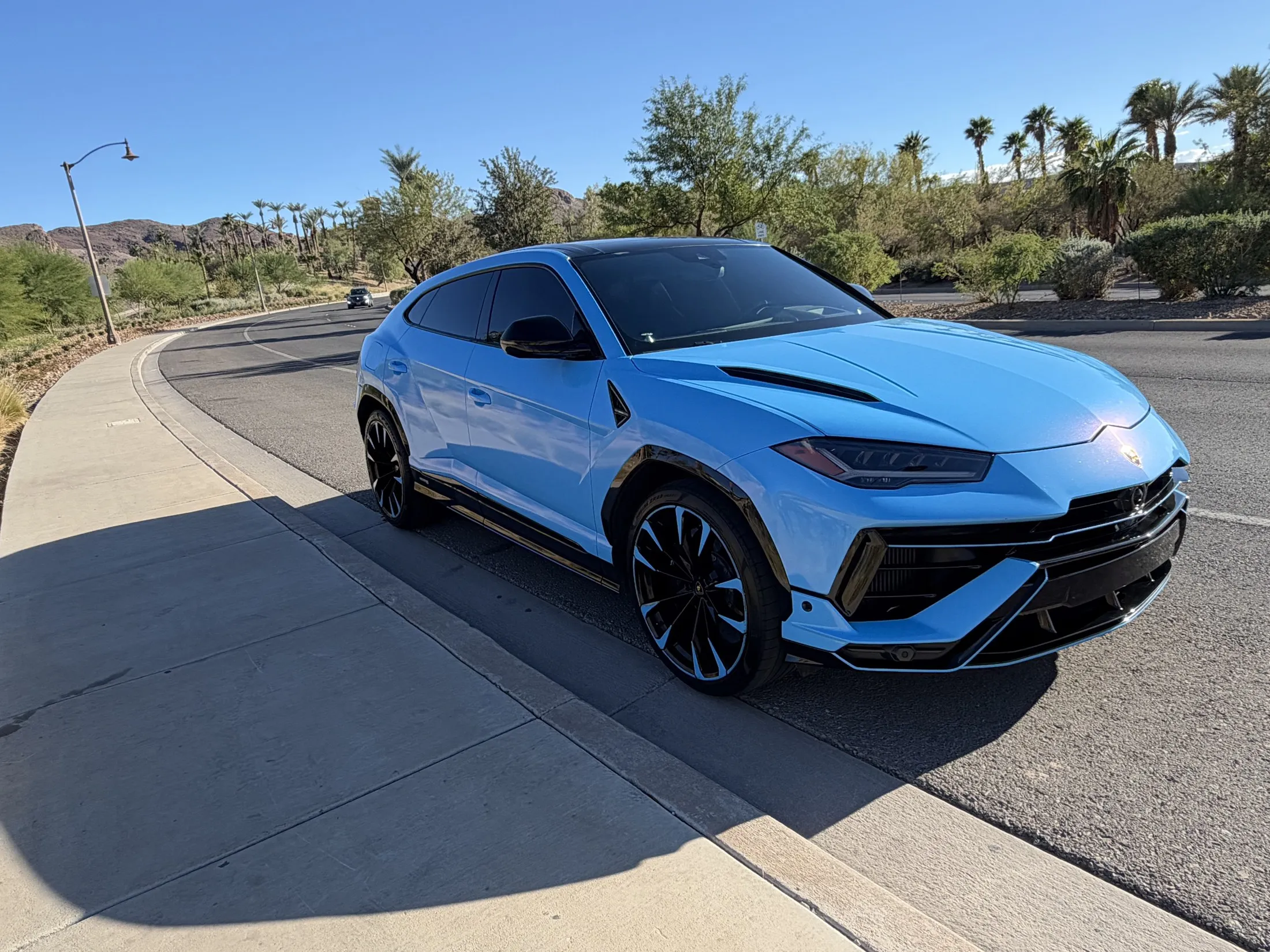 Blue Lamborghini Urus S photographed at Lake Las Vegas 