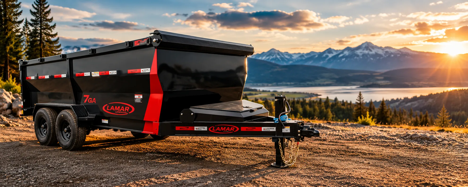 Lamar dump trailer for rent and hauling services with mountains and a scenic Idaho landscape in the background.